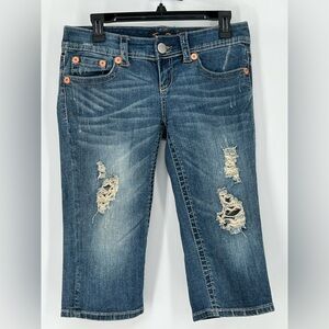 SEVEN7 DENIM RIPPED LONG SHORTS TRADITIONAL 5 POCKET EMBROIDERY‎ COTTON STRETCH